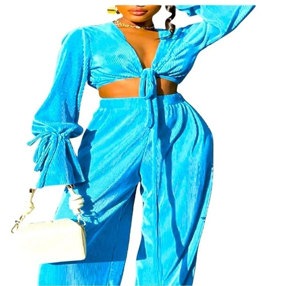 NEW LADIES WRAP KNIT PLISE FLARE LEG WRAP SET - Picture 2 of 4